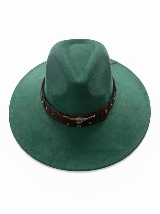 Accessories - Emerald Green,Wide-Brim Felt Fedora with Studded Leather Band, OS